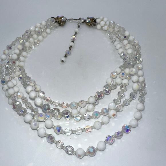 1950s vintage aurora borealis clear milk glass 5 multi strand beaded necklace - Picture 3 of 9
